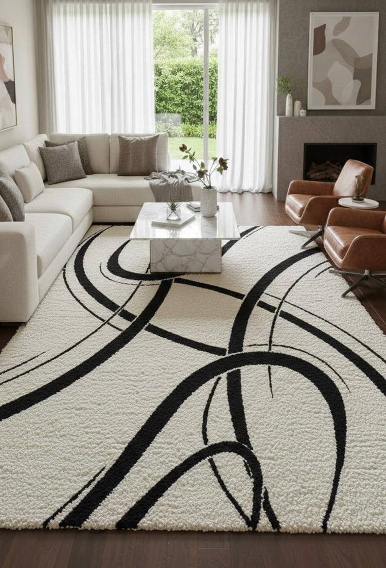 Hand Tufted Wool Rug Black and Cream Ribbon Design Area Rug Modern ...