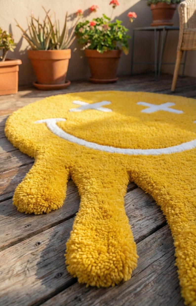 Drippy Face Rug Melting Smiley Face Hand Tufted Rug - Handmade Yellow Drip Rug for ...