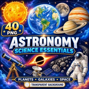 May include: A digital collection of 40 PNG astronomy science essentials featuring the Sun, Earth, Moon, Jupiter, Saturn, a black hole, a telescope on a wooden tripod, a satellite, an astronaut, and asteroids against a colourful nebula background.