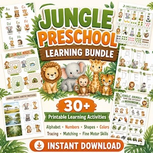 May include: A digital learning bundle titled JUNGLE PRESCHOOL LEARNING BUNDLE featuring 30+ printable activities. The graphic displays cartoon jungle animals including a lion, elephant, monkey, giraffe, and tiger, alongside alphabet, maze, and matching worksheets.
