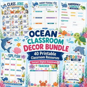 Puede incluir: Un paquete de decoración para el aula con recursos imprimibles de temática oceánica. Las hojas incluyen trabajos de clase, notas de conferencias, contactos de emergencia, un calendario, un rastreador y una tabla de Tooth Club con criaturas marinas.
