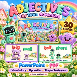 Puede incluir: Un recurso educativo digital titulado Adjectives Toy Town Adventure con 30 diapositivas. La pantalla muestra un robot verde menta, un monstruo morado y dos paneles que ilustran adjetivos con un oso morado y robots verdes. El texto incluye PowerPoint + PDF, Vocabulary, Opposites, Simple Sentences y Page by Chada.