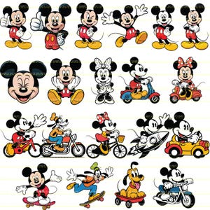Puede incluir: Una colección de imágenes de dibujos animados con Mickey Mouse, Minnie Mouse, Goofy y Pluto. Mickey Mouse se muestra en varias poses, incluyendo pulgar arriba, saludando y montando en monopatín. Minnie Mouse se muestra montando en scooter y bicicleta.