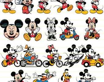 May include: A collection of cartoon images featuring Mickey Mouse, Minnie Mouse, Goofy, and Pluto. Mickey Mouse is shown in various poses, including thumbs up, waving, and riding a skateboard. Minnie Mouse is shown riding a scooter and bicycle.