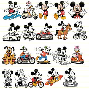 Puede incluir: Una colección de ilustraciones de dibujos animados con Mickey Mouse, Minnie Mouse, el Pato Donald y Goofy en diversas actividades. Los personajes se representan montando una tabla de surf, monopatín, motocicleta, bicicleta y scooter. Otras ilustraciones incluyen un coche, un cohete y un caballo.