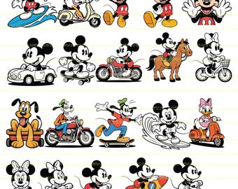 May include: A collection of cartoon illustrations featuring Mickey Mouse, Minnie Mouse, Donald Duck, and Goofy in various activities. The characters are depicted riding a surfboard, skateboard, motorcycle, bicycle, and scooter. Other illustrations include a car, a rocket, and a horse.