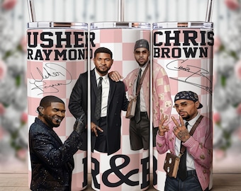 Pode incluir: Três canecas isoladas de aço inoxidável com imagens de Usher Raymond e Chris Brown. As canecas têm um fundo xadrez rosa e branco com as palavras "USHER RAYMOND" e "CHRIS BROWN" em preto. As palavras "R & B" também são visíveis.