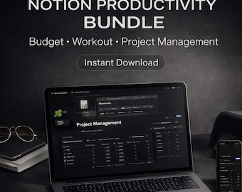 May include: A laptop and smartphone displaying a Notion productivity bundle interface. The screen shows project management tools. Text at the top reads "Notion Productivity Bundle" with "Budget, Workout, Project Management" below. The words "Instant Download" are also visible.