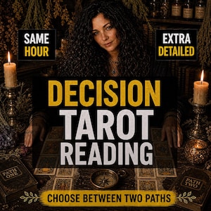 May include: A tarot reading service advertisement featuring the text DECISION TAROT READING, CHOOSE BETWEEN TWO PATHS, SAME HOUR, and EXTRA DETAILED. The image displays two lit candles, a compass, and two books labeled PATH ONE and PATH TWO.