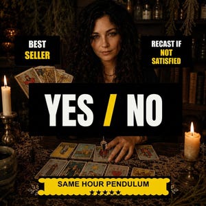 Könnte beinhalten: Ein Pendel-Leseservice mit einem klaren Kristallpendel, Tarotkarten auf einer dunklen Oberfläche und zwei brennenden Kerzen. Die Texteinblendungen lauten BEST SELLER, RECAST IF NOT SATISFIED, YES / NO und SAME HOUR PENDULUM mit fünf Sternen.