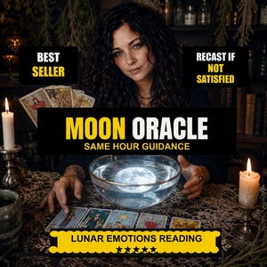 Może przedstawiać: Usługa wróżenia Moon Oracle z przezroczystą szklaną misą z wodą i odbiciem księżyca, kartami tarota i dwiema białymi świecami. Tekst zawiera BEST SELLER, RECAST IF NOT SATISFIED, MOON ORACLE, SAME HOUR GUIDANCE oraz LUNAR EMOTIONS READING.