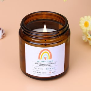 Candela "Guarisci presto": regalo arcobaleno personalizzato, cera di soia profumata