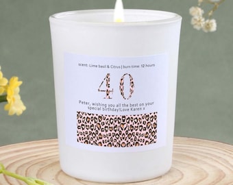 Candela regalo per il 40° compleanno, stampa leopardata, cera di soia personalizzata