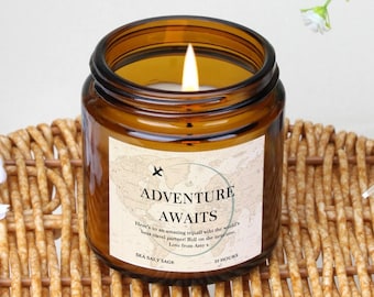 Candela di soia personalizzata con mappa dell'avventura: regalo di viaggio rustico
