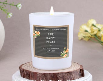 Candela personalizzata per inaugurazione della casa – Our Happy Place, vetro smerigliato