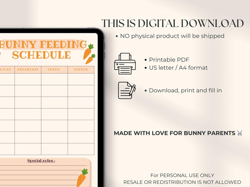 Printable Rabbit Care Bunny Profile Sheet | Printable Rabbit Care Planner | Pet Info Page for ...