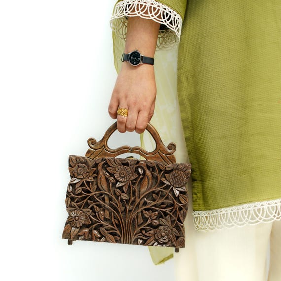 Carved Wooden Handbag Hand Carved Walnut Wood Handbag Wooden Purse 