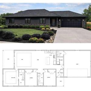 Könnte beinhalten: Außenansicht eines modernen, eingeschossigen Hauses mit dunkelgrauer Verkleidung und schwarzem Dach. Das Haus verfügt über eine Doppelgarage und einen gepflegten Garten. Darunter befindet sich ein detaillierter Grundriss des Hauses mit Raumaufteilung.