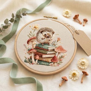 Hedgehog with Books Cross Stitch Pattern – Whimsical Librarian Animal Embroidery PDF