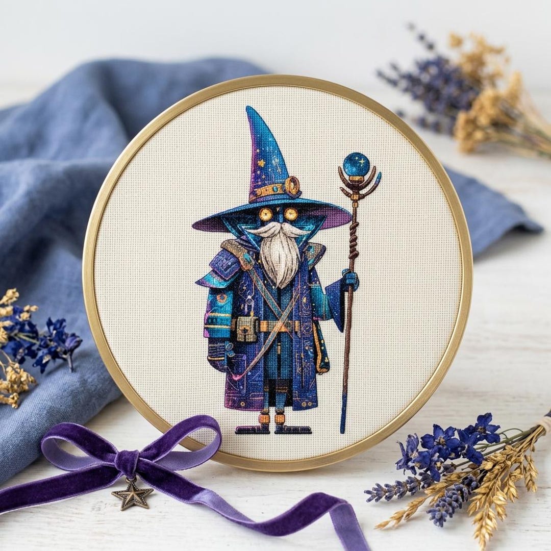Cosmic Wizard Cross Stitch Pattern, Fantasy Mage Digital Embroidery PDF ...