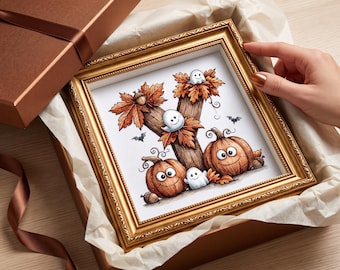 Autumn Cross Stitch Pattern, Happy Pumpkins & Ghosts Fall Decor Digital PDF