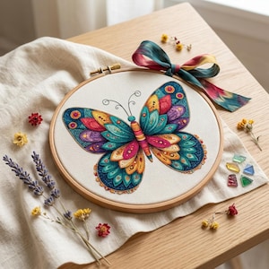 Patrón de punto de cruz de mariposa colorida en PDF / Diseño de bordado digital bohemio vibrante
