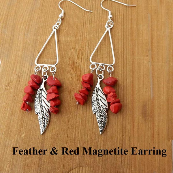 Feather and Red Magnetite Earrings. Silver tone feather and red magnetite on a triangle. Gift for her. Birthday gift. Friendship gift.