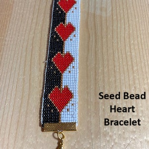 Hearts Seed Bead Bracelet.  4 Hearts on black/white background woven into a bracelet. Christmas, birthday friendship gift for her. Handwoven