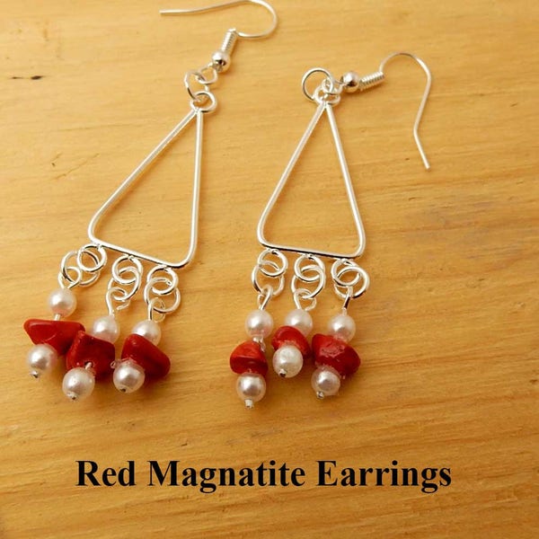 Red Magnetite Drop Earrings.  Red magnetite nugget with small pearls on a silver triangle. Gift for her. Birthday gift. Friendship gift.