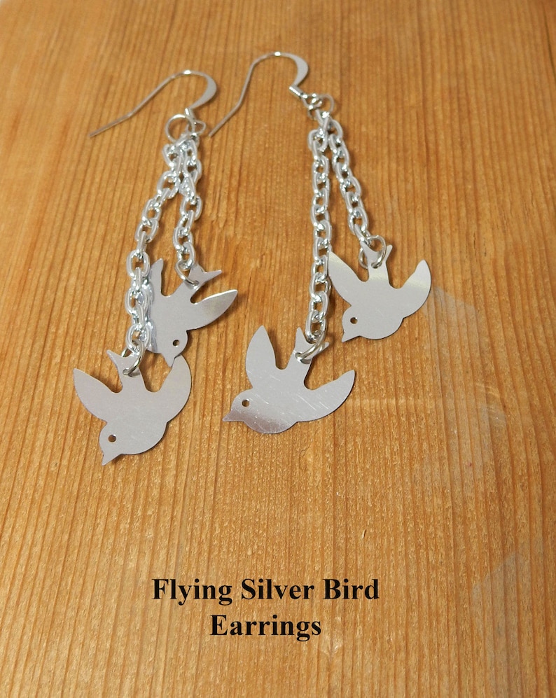 anniversary or friendship gift Two silver birds in flight hanging on silver tone chain on each earring Silver bird earrings Birthday