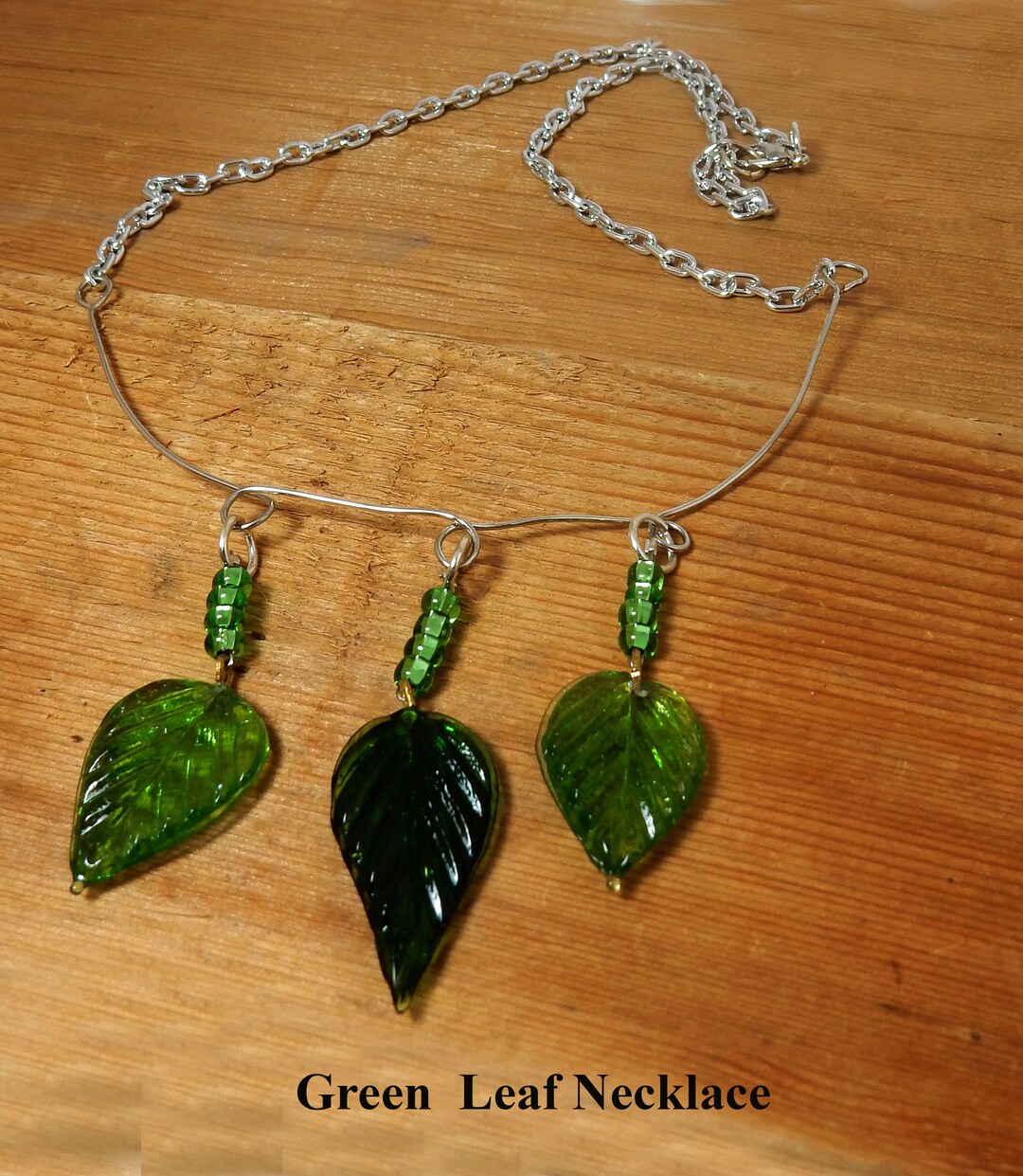 Green Leaf Necklace. Acrylic Green Leaves Hung on Silver Wire and