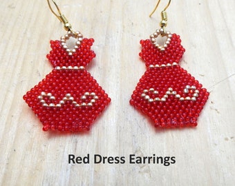 Red Dress Earrings. To honor missing and murdered indigenous women. Seed beads red gold handwoven. Gift for friend family loved ones.