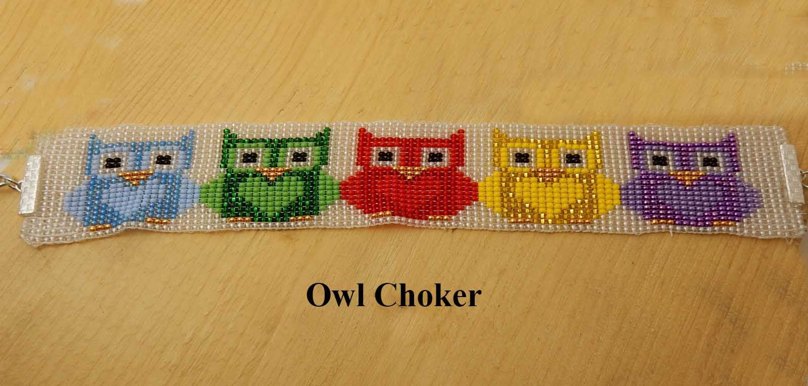 Owl Choker. 5 owls, blue, green, red, yellow and purple in seed bead weaving. Gift for her. Birthday