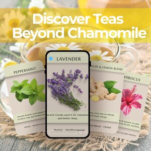 May include: Image promoting herbal teas, with text "Discover Teas Beyond Chamomile." Features include cards for peppermint, lavender, ginger & lemon blend, and hibiscus. A cup of tea with chamomile flowers is in the background.