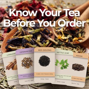 Peut inclure: Image présentant des cuillères en bois remplies de différents thés, avec des cartes affichant des variétés de thé comme Cannelle, Genmaicha, Red Oolong, Nettle Leaf et Assam. Le texte superposé indique "Know Your Tea Before You Order."