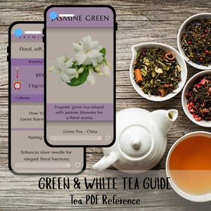 May include: A digital tea guide featuring a phone screen displaying "Jasmine Green" tea information, with white jasmine flowers. The image includes tea leaves in small bowls, a white teapot, and a cup of tea. Text at the bottom reads "Green & White Tea Guide".
