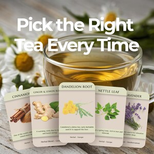Peut inclure: Une tasse en verre transparente remplie de thé doré, entourée de fleurs blanches. Des cartes avec des ingrédients de tisane comme la cannelle, le gingembre, la racine de pissenlit, l'ortie et la lavande sont devant la tasse. Le texte dit "Pick the Right Tea Every Time."