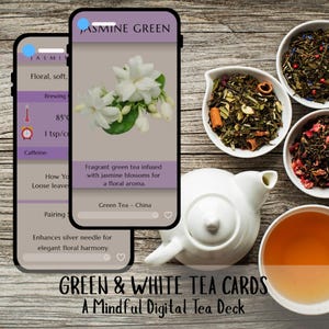May include: A digital tea deck featuring a Jasmine Green tea card with a floral design and brewing instructions. The image includes a white teapot, teacups, and bowls of loose tea leaves, all arranged on a wooden surface.