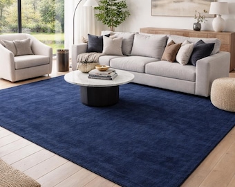 Hand Tufted Wool Area Rug, Solid Navy Blue, Modern Minimalist Design for Living Room