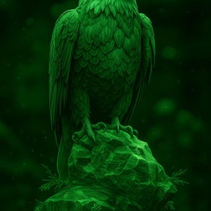 Op de afbeelding: Groene sculptuur van een adelaar die op een rots zit. De veren van de adelaar zijn gedetailleerd en zijn scherpe snavel en klauwen zijn zichtbaar. De sculptuur staat tegen een donkergroene achtergrond.
