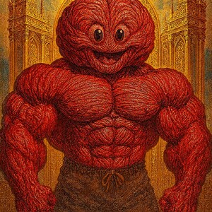 Op de afbeelding: Een surrealistische illustratie van een gespierde, rood getinte figuur met een hersenvormig hoofd en een glimlachende uitdrukking. De figuur draagt een bruine korte broek en staat tegen een achtergrond van gouden architectuur en een gele lucht.