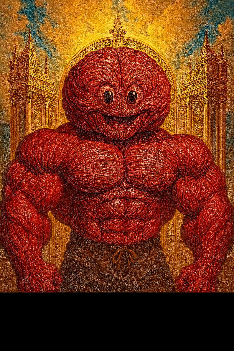 Op de afbeelding: Een surrealistische illustratie van een gespierde, rood getinte figuur met een hersenvormig hoofd en een glimlachende uitdrukking. De figuur draagt een bruine korte broek en staat tegen een achtergrond van gouden architectuur en een gele lucht.