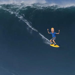 May include: A cartoon character surfing a large ocean wave on a yellow surfboard. The surfer wears a blue shirt and gray shorts. The wave is dark blue with white foam. A red structure is in the lower left corner.