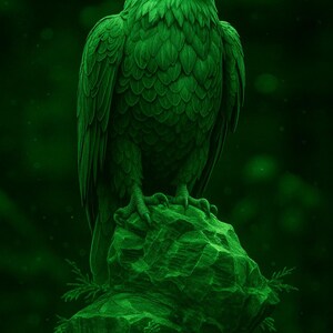 Op de afbeelding: Groene sculptuur van een adelaar die op een rots zit, tegen een donkergroene achtergrond. De veren van de adelaar zijn gedetailleerd. De sculptuur is een afbeelding van een adelaar, een symbool van kracht en vrijheid.