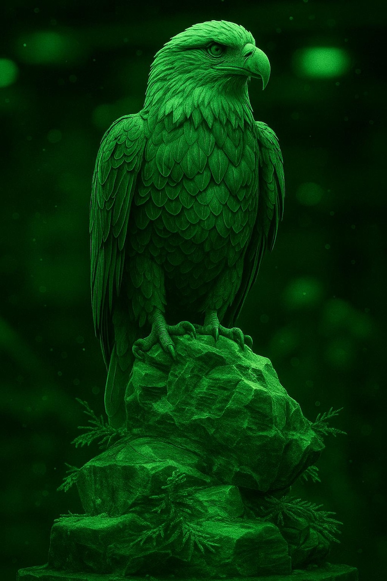 Op de afbeelding: Groene sculptuur van een adelaar die op een rots zit, tegen een donkergroene achtergrond. De veren van de adelaar zijn gedetailleerd. De sculptuur is een afbeelding van een adelaar, een symbool van kracht en vrijheid.
