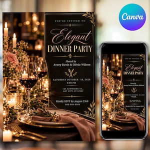 Puede incluir: Una tarjeta de invitación para una cena en negro y oro con el texto You're Invited To Elegant Dinner Party, organizada por Avery Davis & Olivia Wilson, sábado 10 de octubre de 2026, 20:00 h, 123 Anywhere St., Any City, ST 12345, RSVP antes del 23 de agosto.