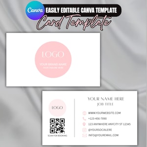 May include: A business card template with a pink logo circle and the text "LOGO, YOUR BRAND NAME, YOUR TAGLINE HERE." The card includes contact information, a QR code, and the text "SCAN FOR BOOKING."