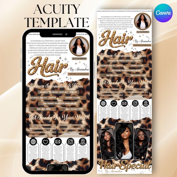 Acuity Scheduling Leopard Template, Acuity Template Hair Stylist, Acuity Booking Template Hair, Acuity Booking Website, Canva Editable