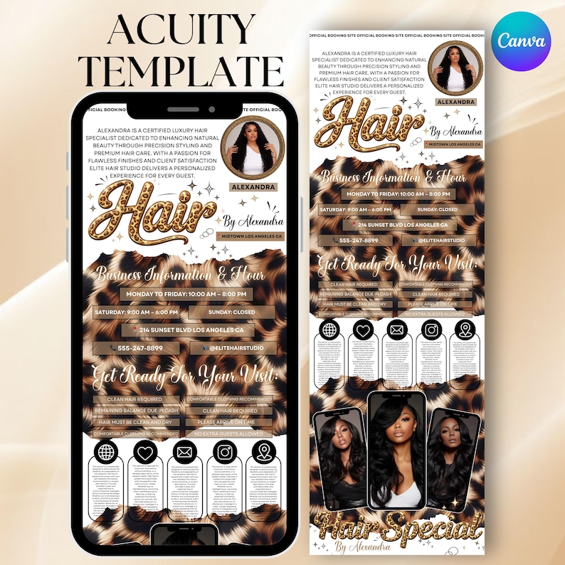 Acuity Scheduling Leopard Template, Acuity Template Hair Stylist, Acuity Booking Template Hair, Acuity Booking Website, Canva Editable