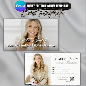 May include: A business card template featuring a smiling woman in a blazer. The card includes the name "Scarlet Jadet" and the text "Your Trusted Real Estate Partner." Additional text includes contact information and a QR code.